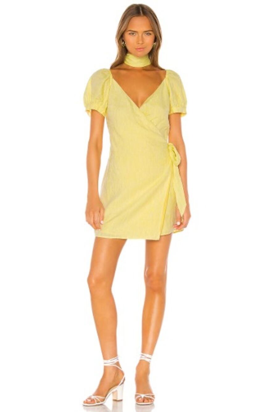 LPA Dress Womens XXL Gionna Linen Wrap Mini Yellow Puff Sleeve Tie Waist